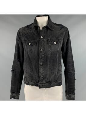 AMIRI Size XL Black Grey Distressed Cotton Trucker Jacket